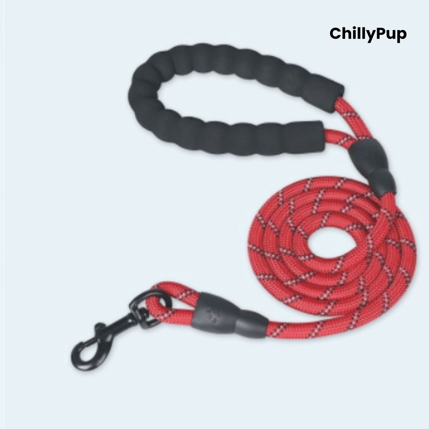 Red dog Lead with black handle and clip on a white background, branded 'ChillyPup'.