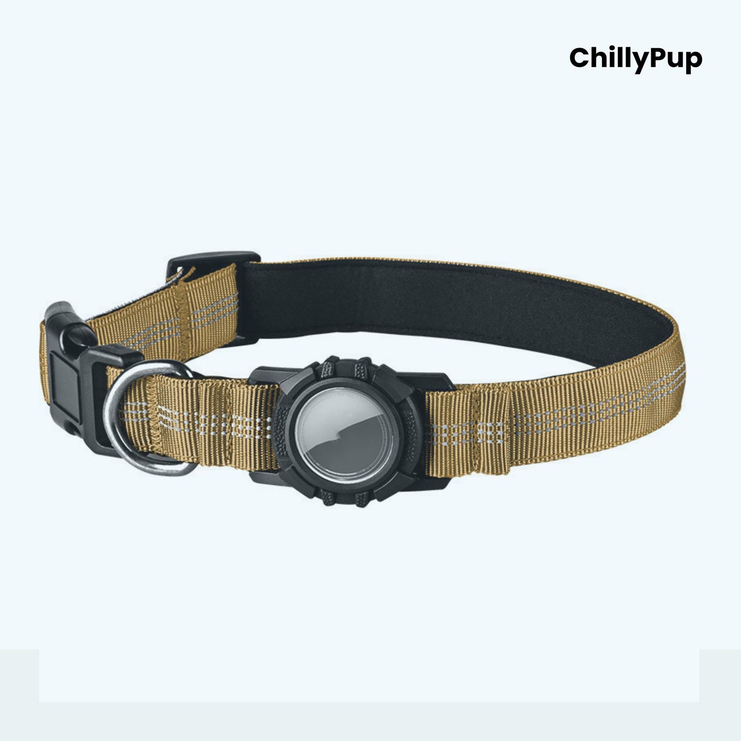 Beige dog collar with a black buckle and reflective strip on a white background, branded 'ChillyPup'.