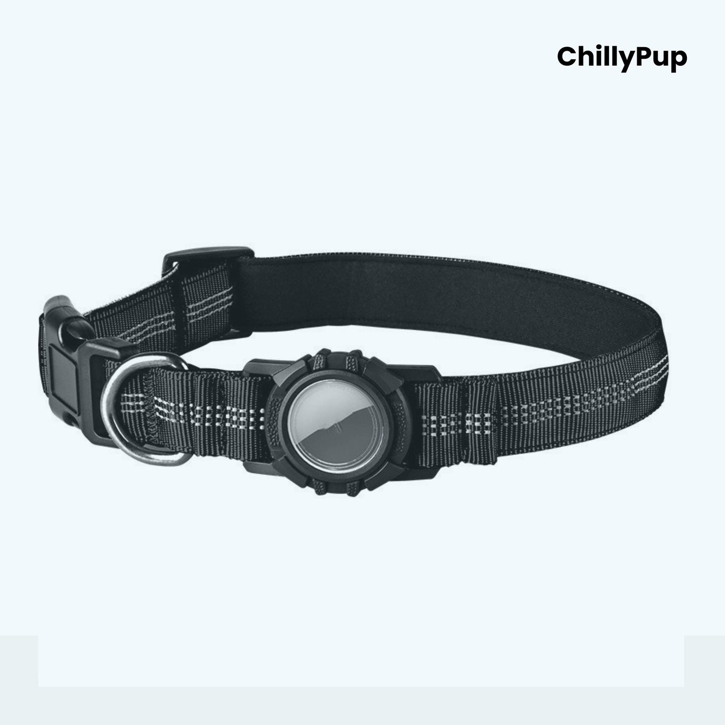 Black dog collar with a black buckle and reflective strip on a white background, branded 'ChillyPup'.
