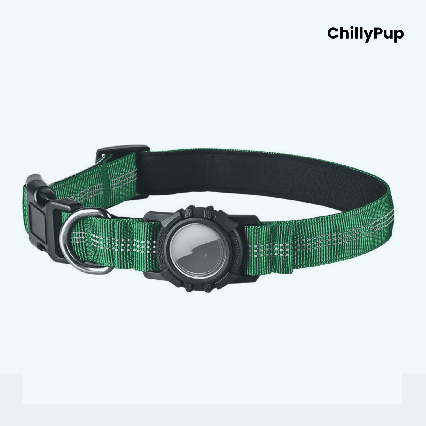 Green dog collar with a black buckle and reflective strip on a white background, branded 'ChillyPup'.