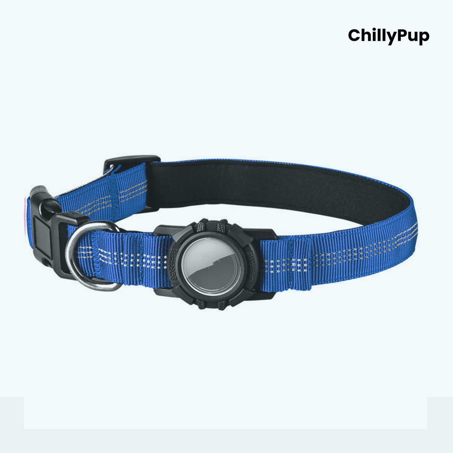 Blue dog collar with a black buckle and reflective strip on a white background, branded 'ChillyPup'.