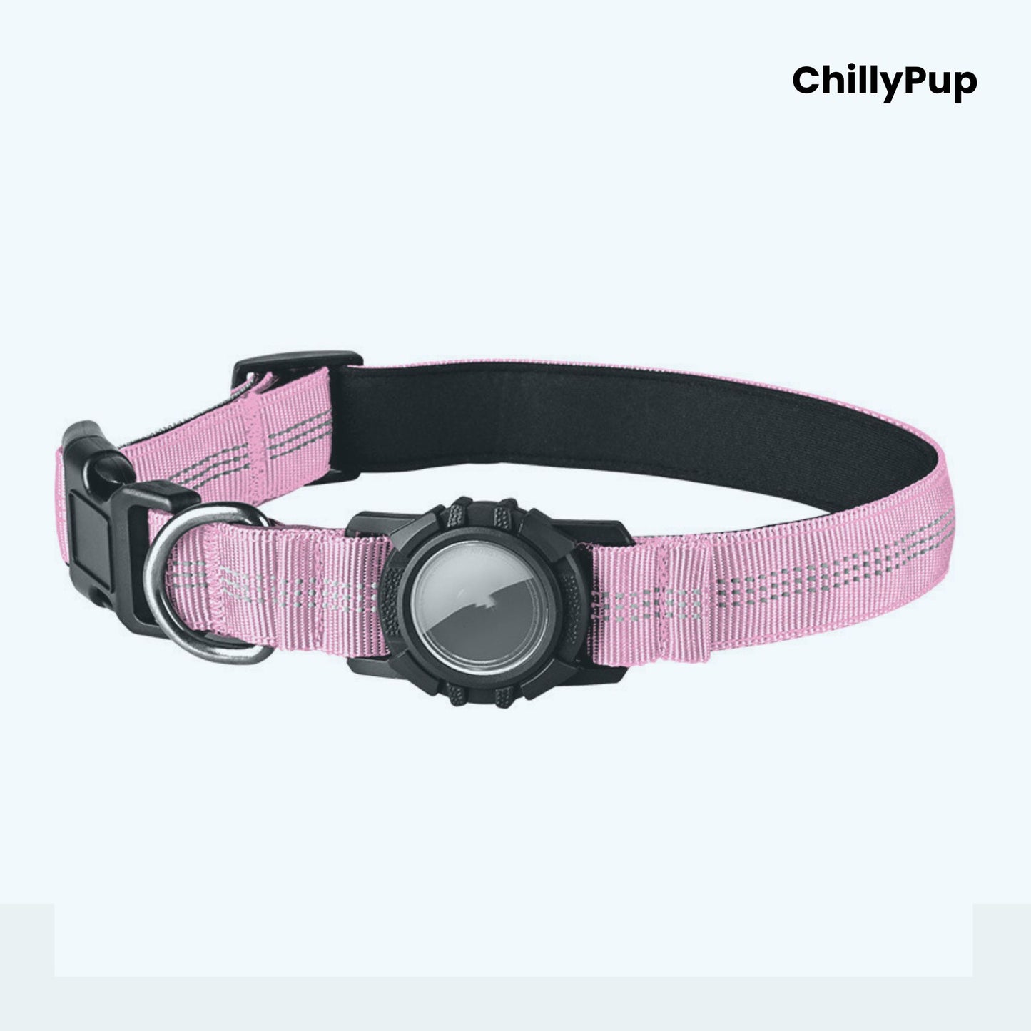 Pink dog collar with a black buckle and reflective strip on a white background, branded 'ChillyPup'.