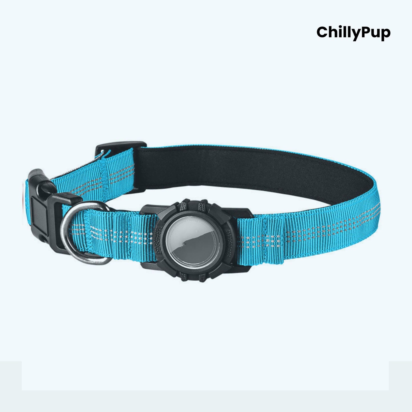 Blue dog collar with a black buckle and reflective strip on a white background, branded 'ChillyPup'.