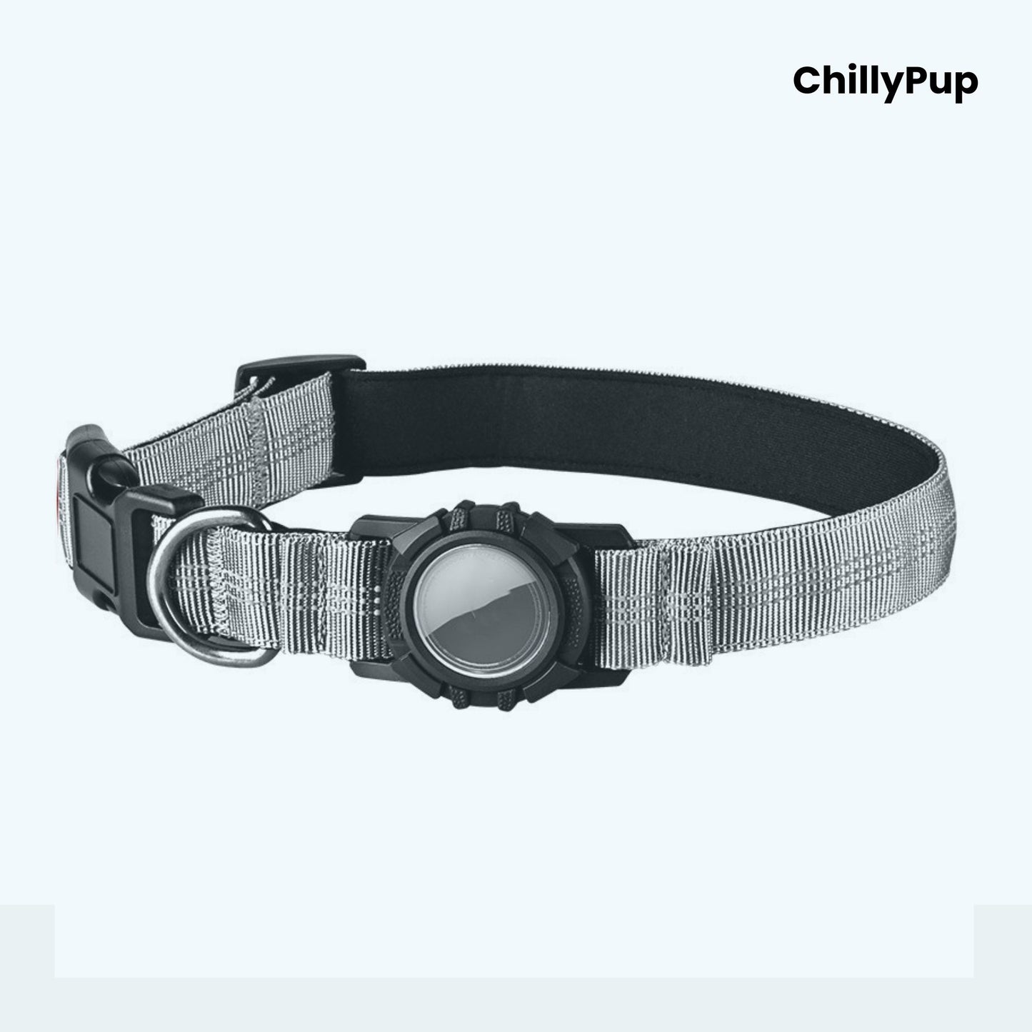 Silver dog collar with a black buckle and reflective strip on a white background, branded 'ChillyPup'.