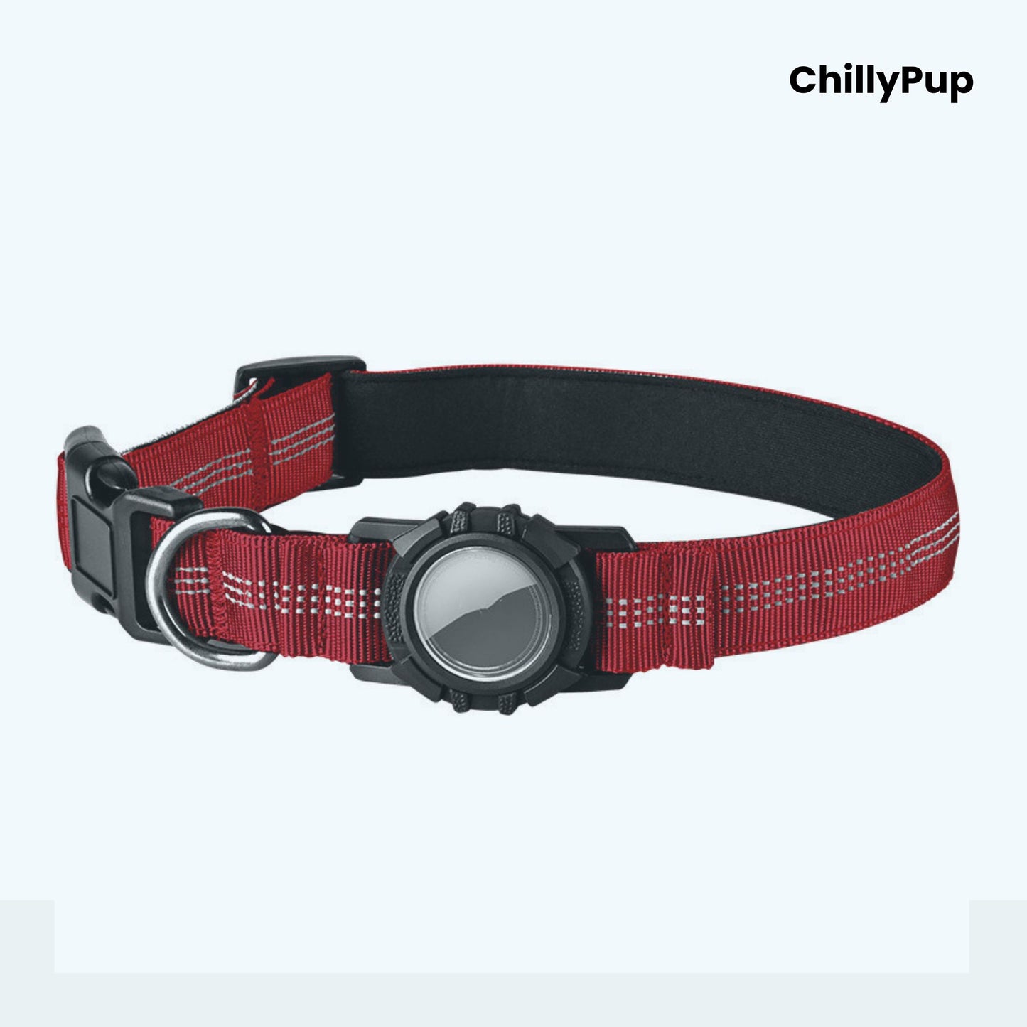 Red dog collar with a black buckle and reflective strip on a white background, branded 'ChillyPup'.