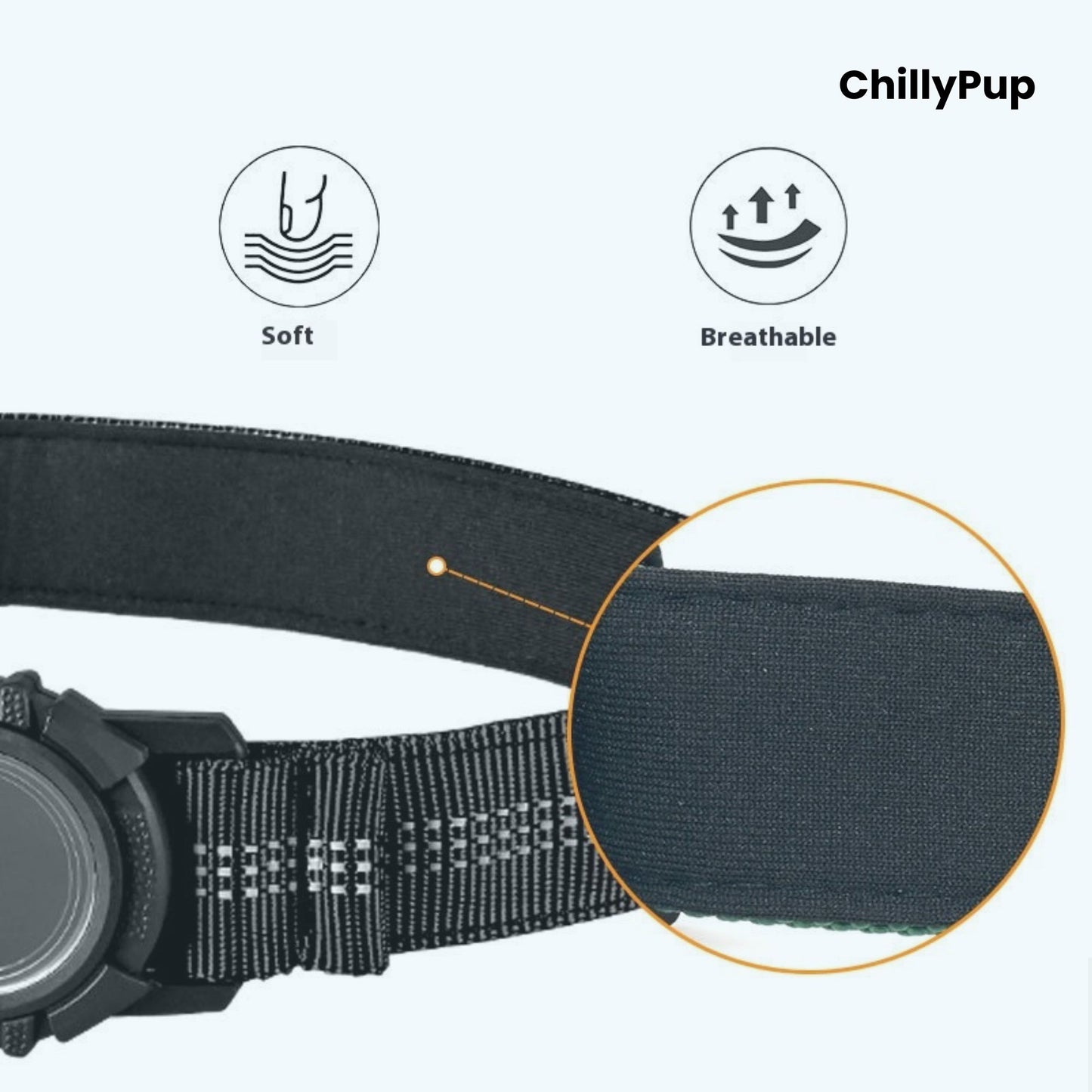 Black dog collar with a black buckle and reflective strip on a white background, branded 'ChillyPup'.