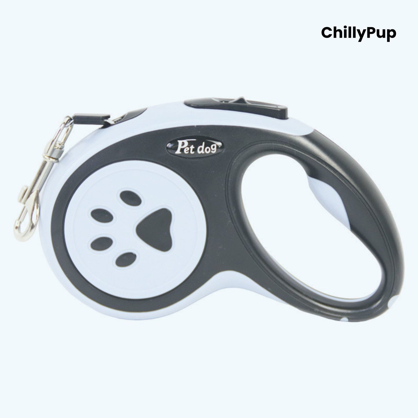 Retractable dog Lead with black and grey design featuring a paw print, branded 'ChillyPup'.