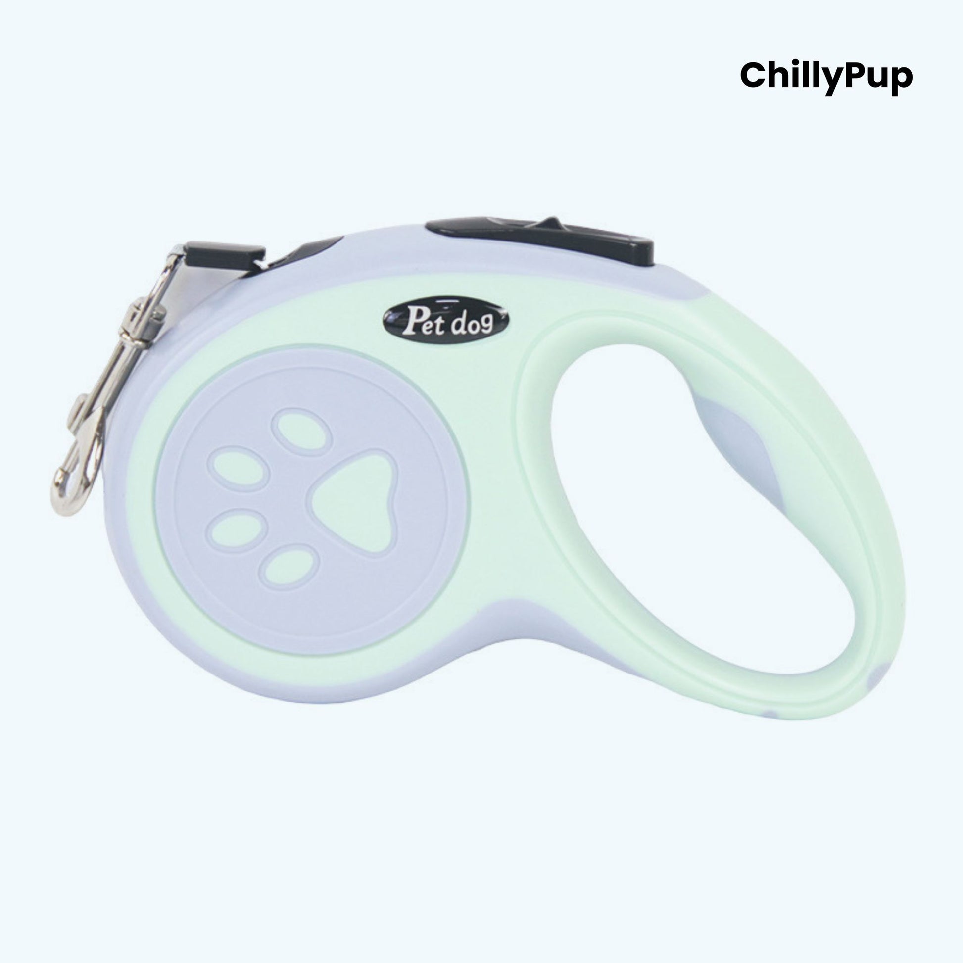 Retractable dog Lead with green and grey design featuring a paw print, branded 'ChillyPup'.