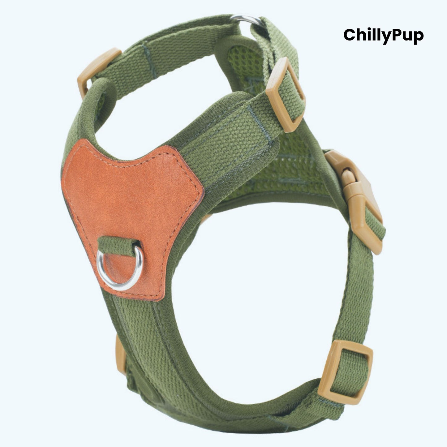 Green dog harness with brown leather patch on a white background, branded 'ChillyPup'.