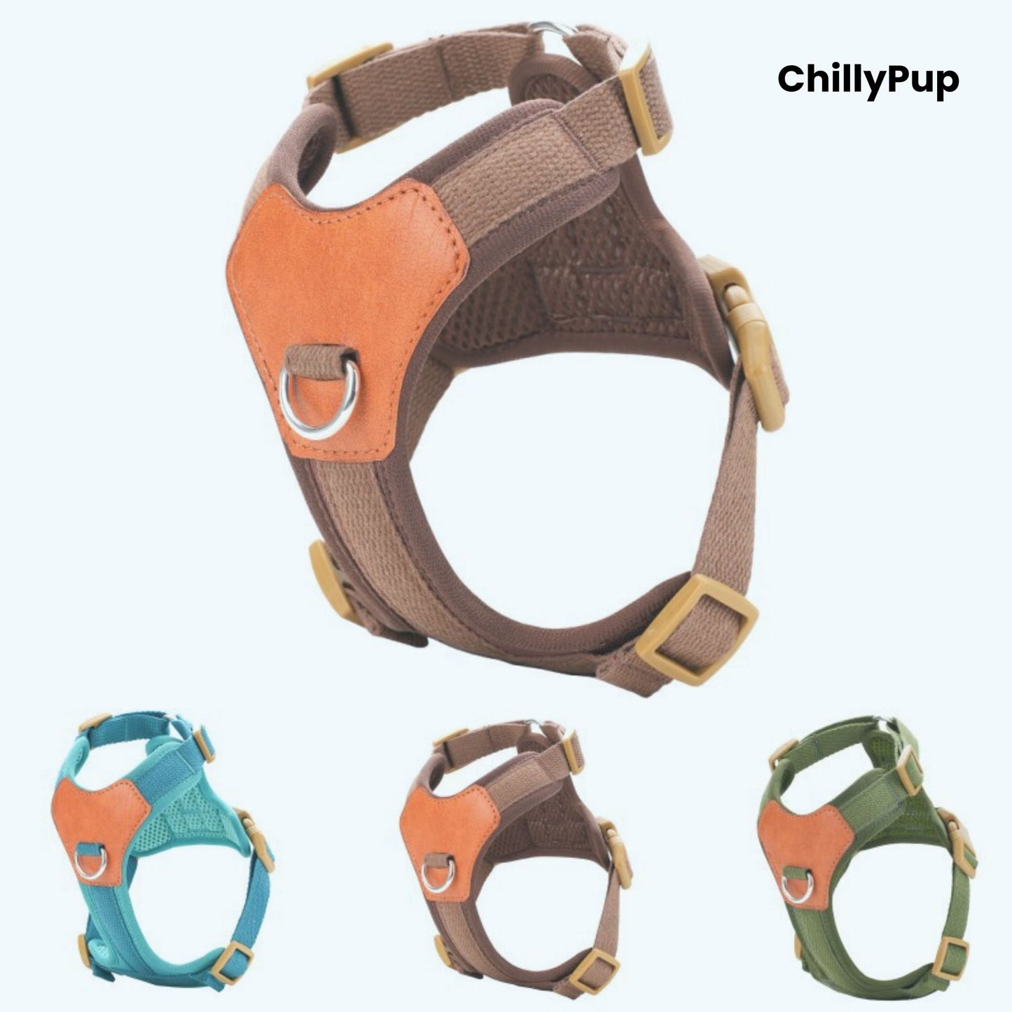 Dog harnesses in brown, orange, blue, and green with 'ChillyPup' branding.