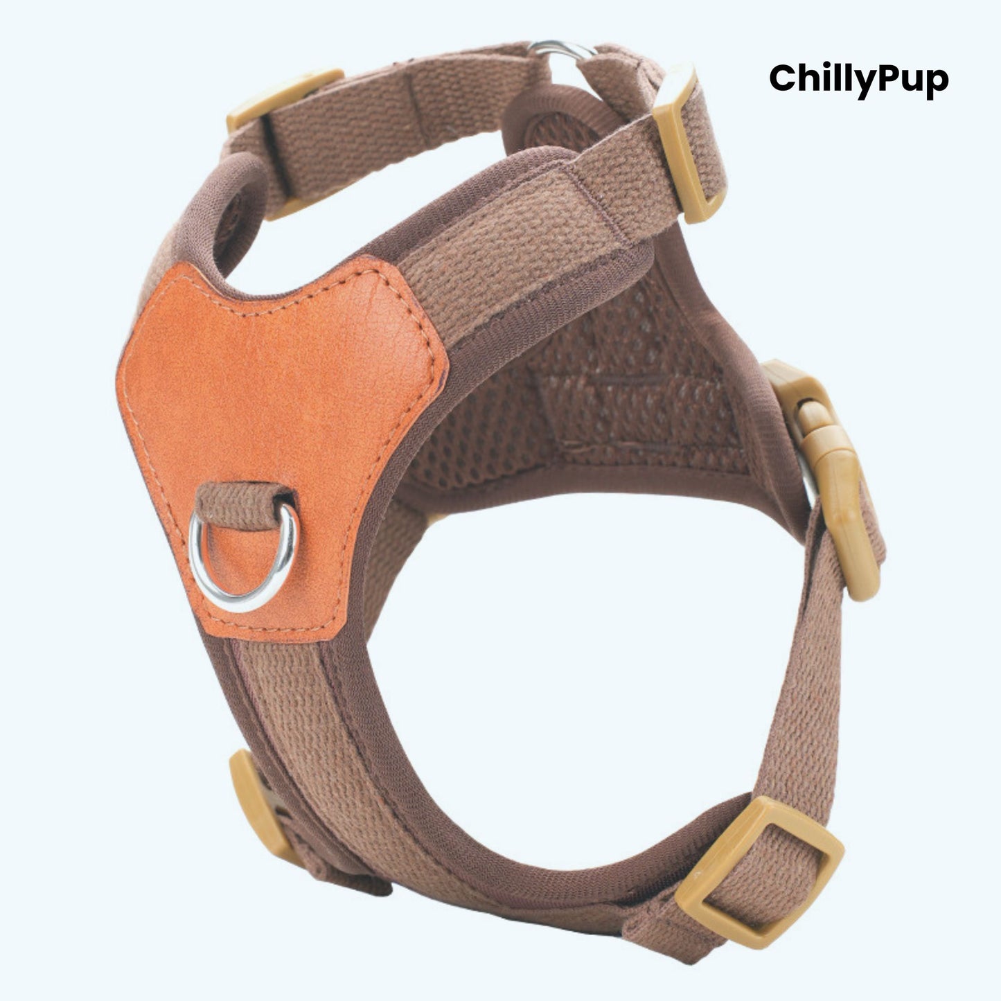 Brown dog harness with orange padding and gold hardware on a white background, branded 'ChillyPup'.