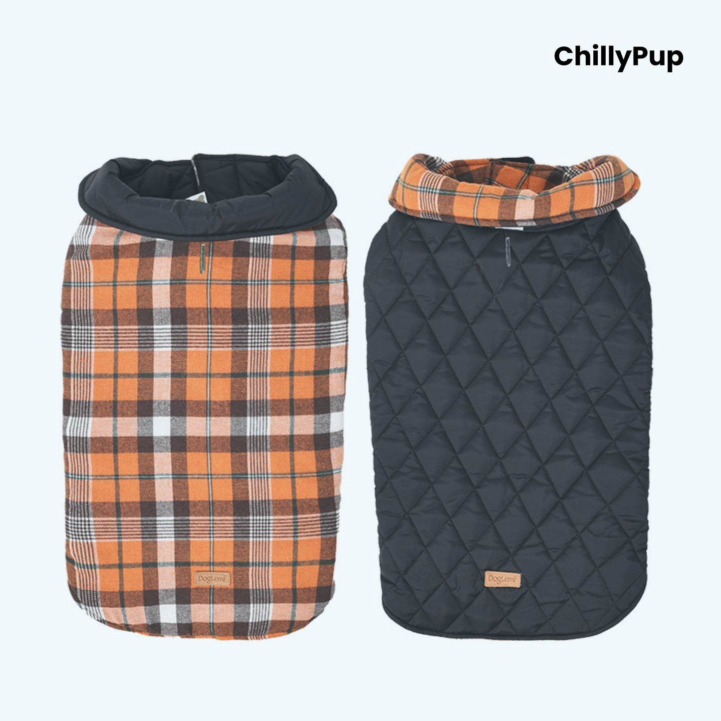 Reversible Heritage Tartan Dog Coat showing both sides with ChillyPup branding on a white background.