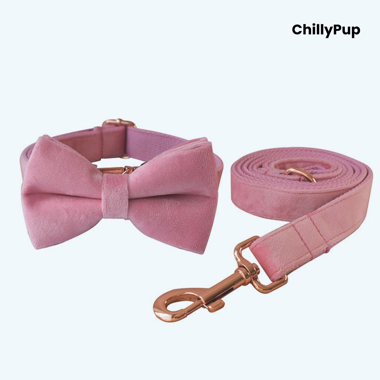 Rosé Velvet Collar & Lead Set on a chilly pup branded background