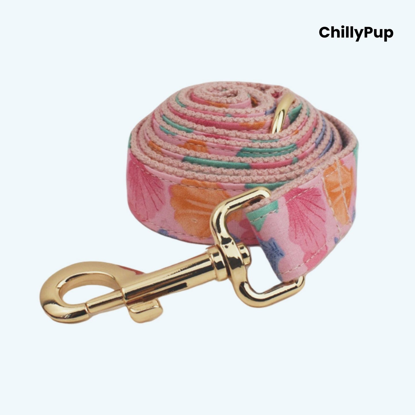 Seashell dog collar and lead set with gold hardware on a white background, branded 'ChillyPup'.