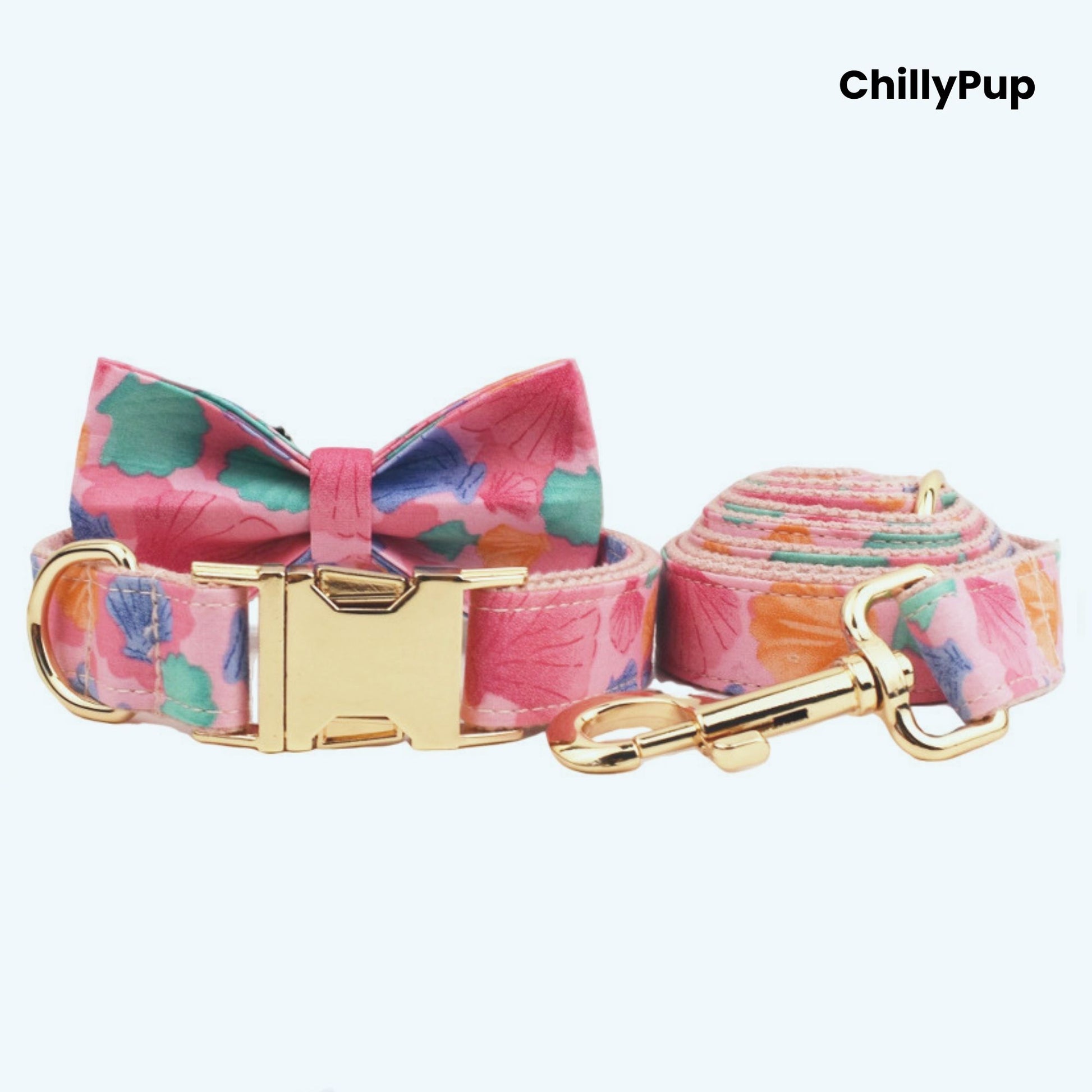 Seashell dog collar and lead set with gold hardware on a white background, branded 'ChillyPup'.