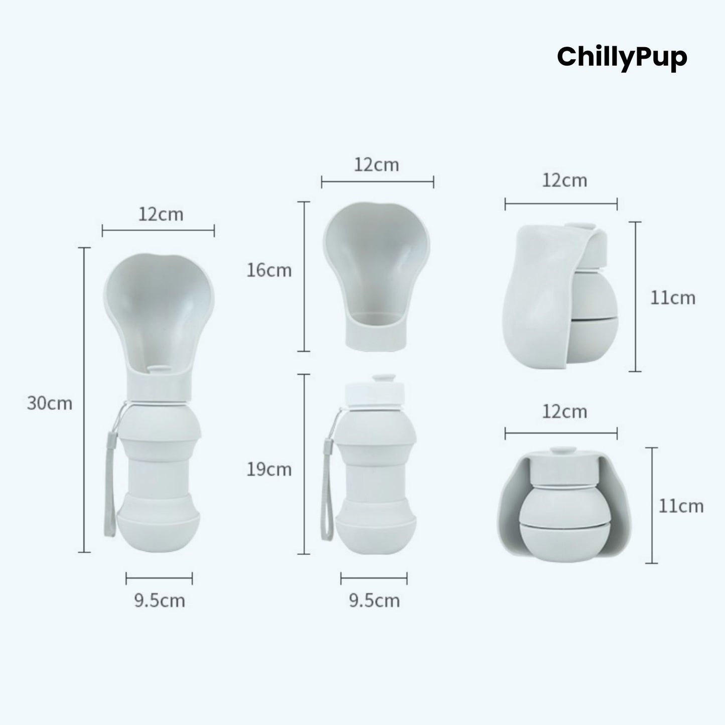 Measurement chart of a ChillyPup foldable silicone water bowl showing various dimensions on a white background.