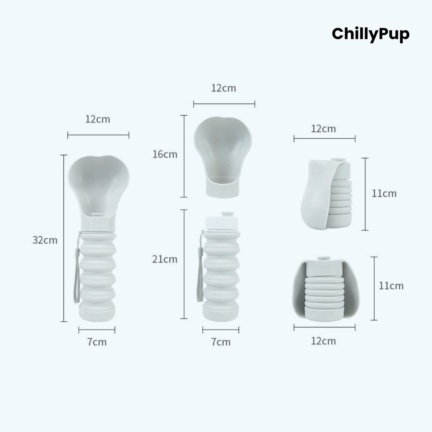 Measurement chart of a ChillyPup foldable silicone water bowl showing various dimensions on a white background.