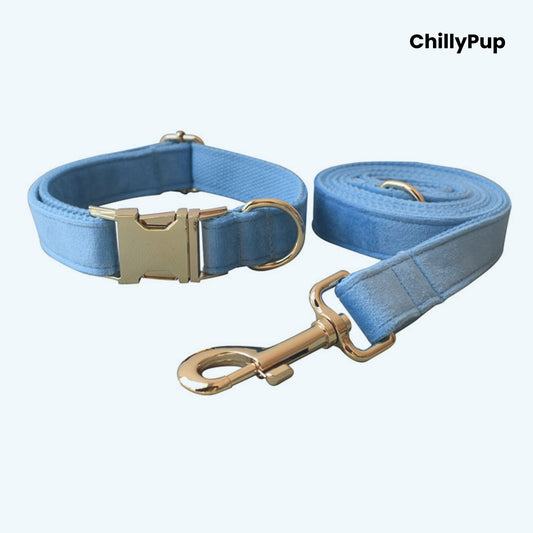 Sky Velvet Bow Tie Collar & Lead Set on a white background with Chillypup branding.