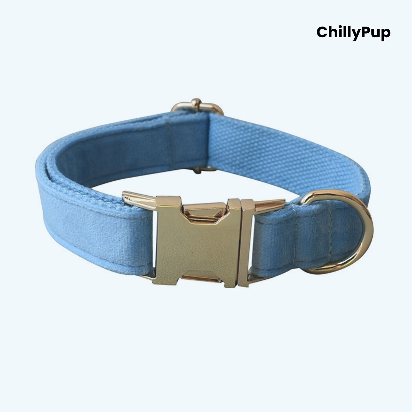 Sky Velvet Bow Tie Collar & Lead Set on a white background with Chillypup branding.