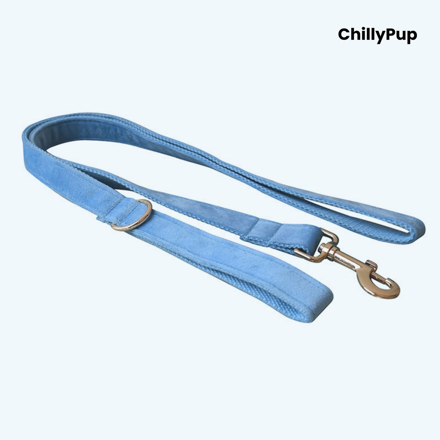 Sky Velvet Bow Tie Collar & Lead Set on a white background with Chillypup branding.