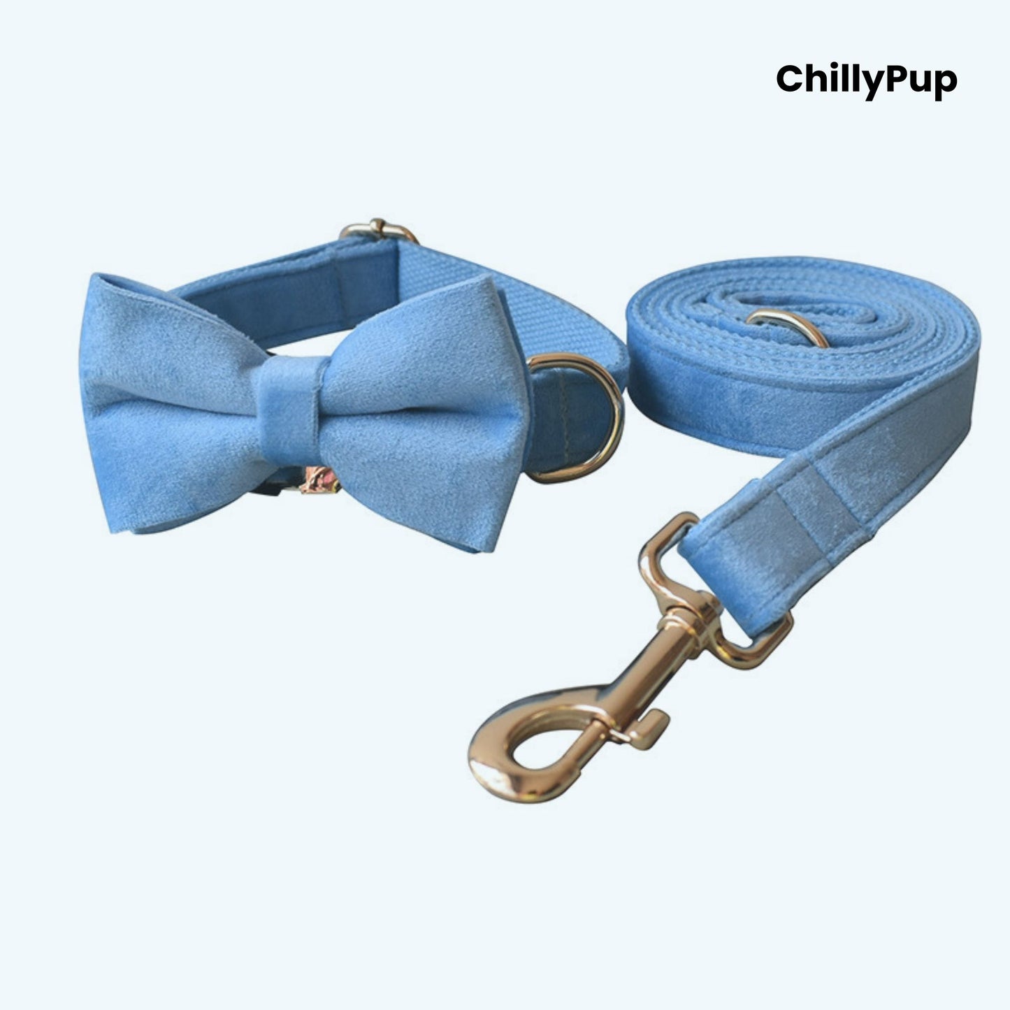 Sky Velvet Bow Tie Collar & Lead Set on a white background with Chillypup branding.