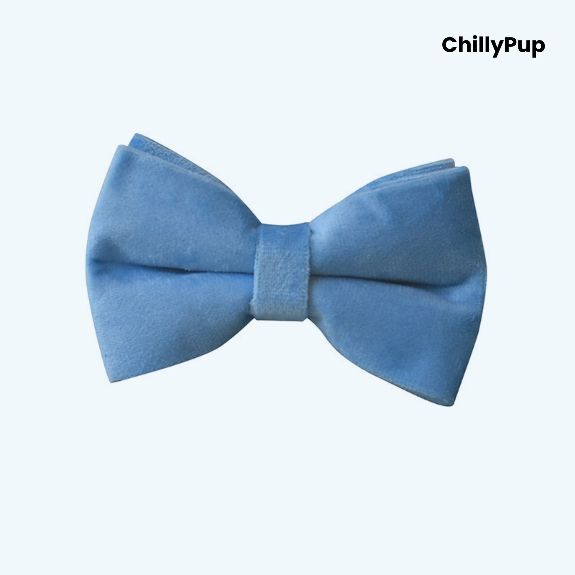 Sky Velvet Bow Tie Collar & Lead Set on a white background with Chillypup branding.