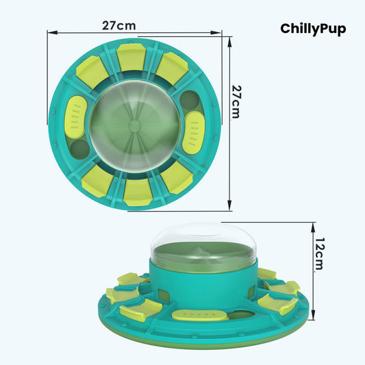 Pet toy with food dispenser on a white background, branded 'ChillyPup'