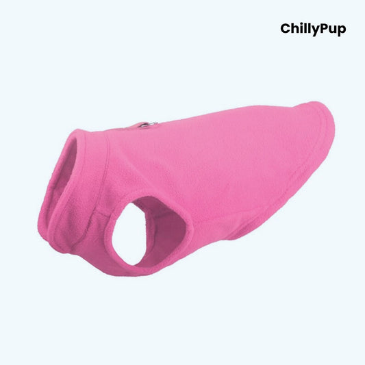 Pink dog coat with 'ChillyPup' branding on a white background