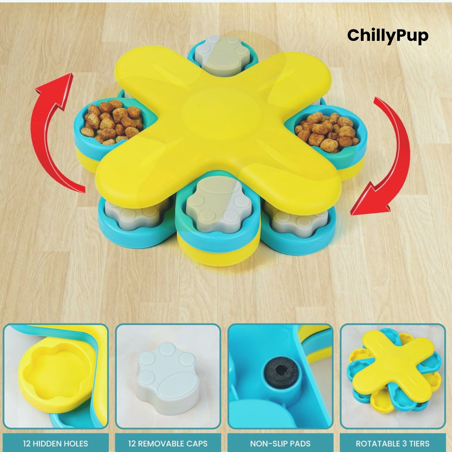 Dog puzzle toy with food compartments on a wooden surface, featuring the brand 'ChillyPup'.