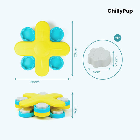 Yellow and blue flower-shaped pet toy with dimensions and 'ChillyPup' branding