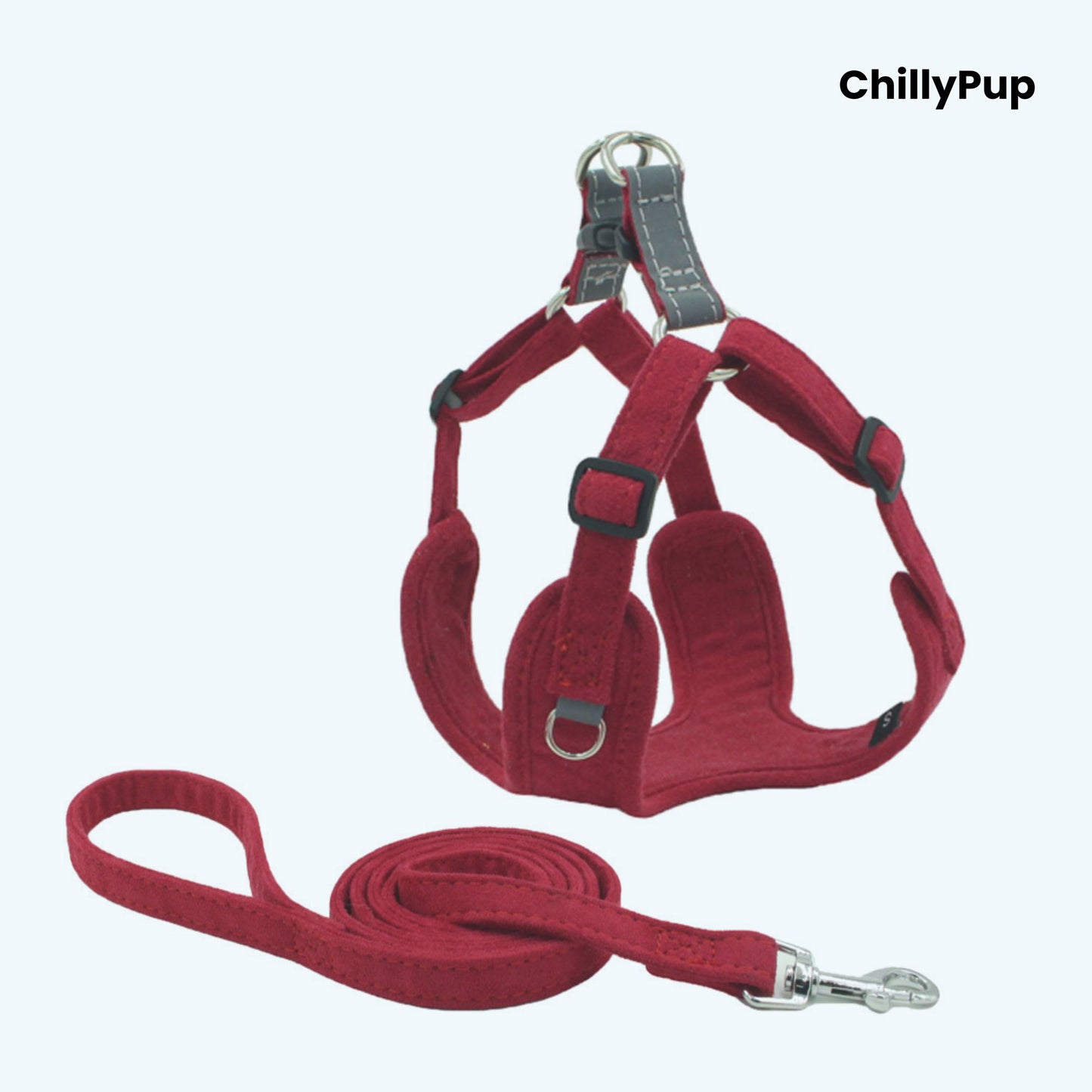 Dog harness with Lead on a white background, branded 'ChillyPup'