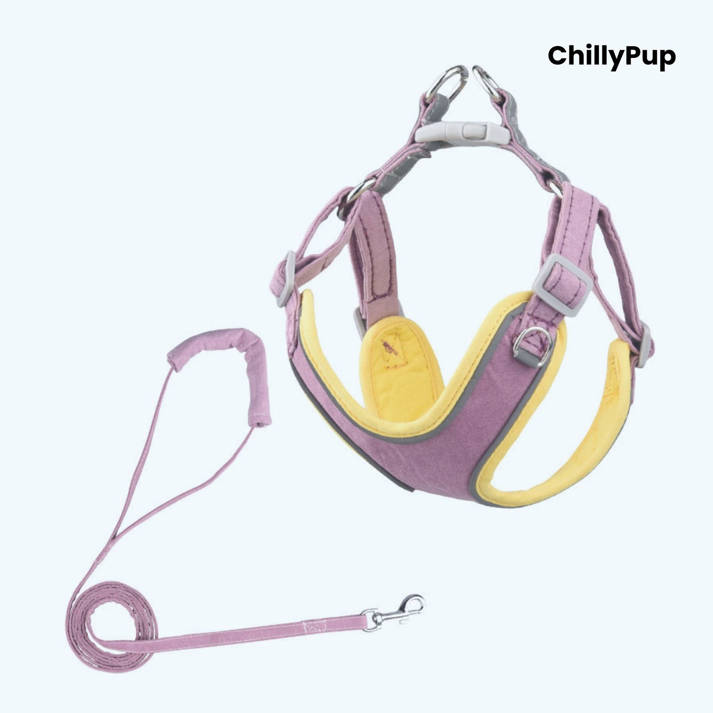 Dog harness with Lead on a white background, branded 'ChillyPup'