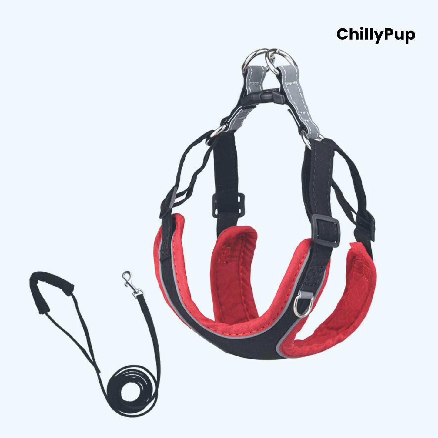 Dog harness with Lead on a white background, branded 'ChillyPup'