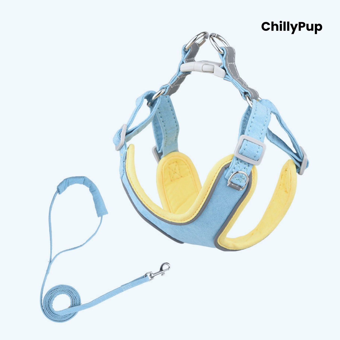 Dog harness with Lead on a white background, branded 'ChillyPup'