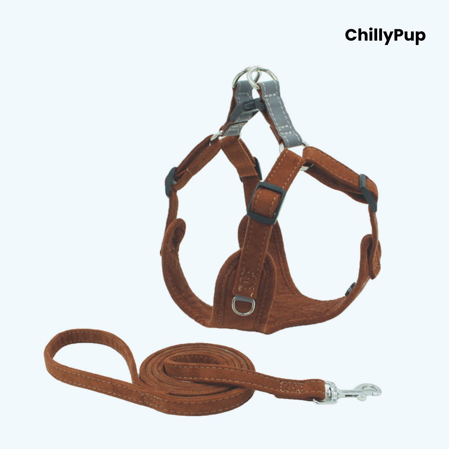 Dog harness with Lead on a white background, branded 'ChillyPup'