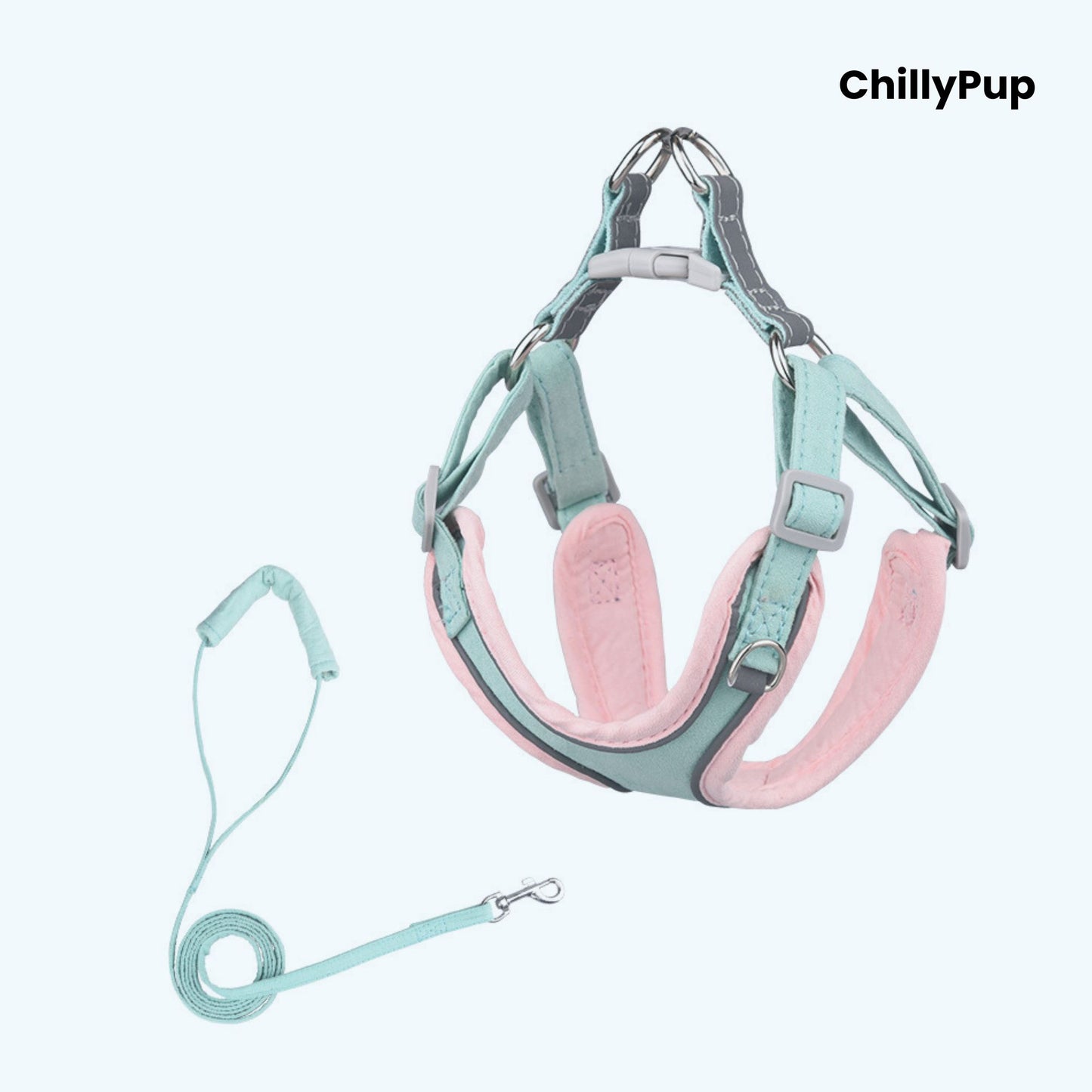 Dog harness with Lead on a white background, branded 'ChillyPup'