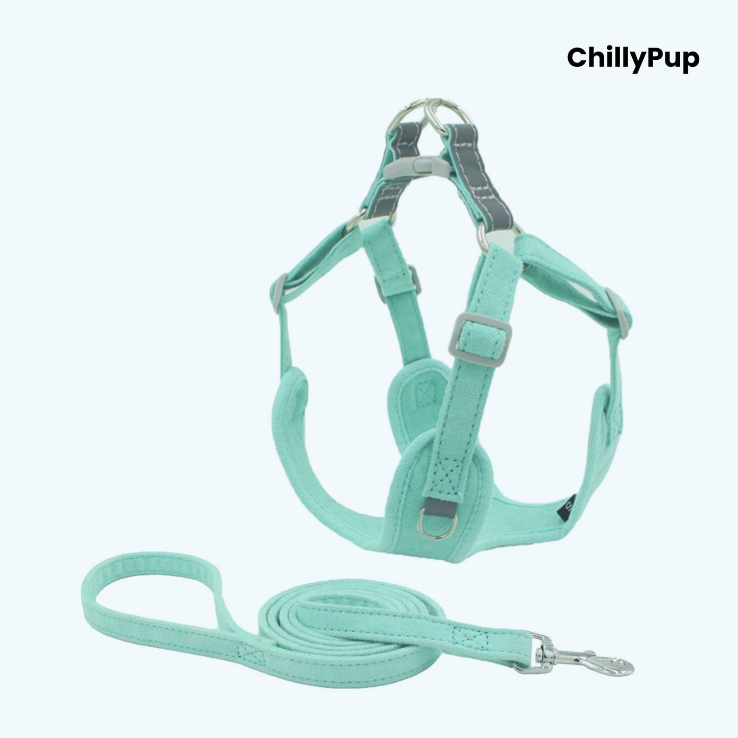 Dog harness with Lead on a white background, branded 'ChillyPup'