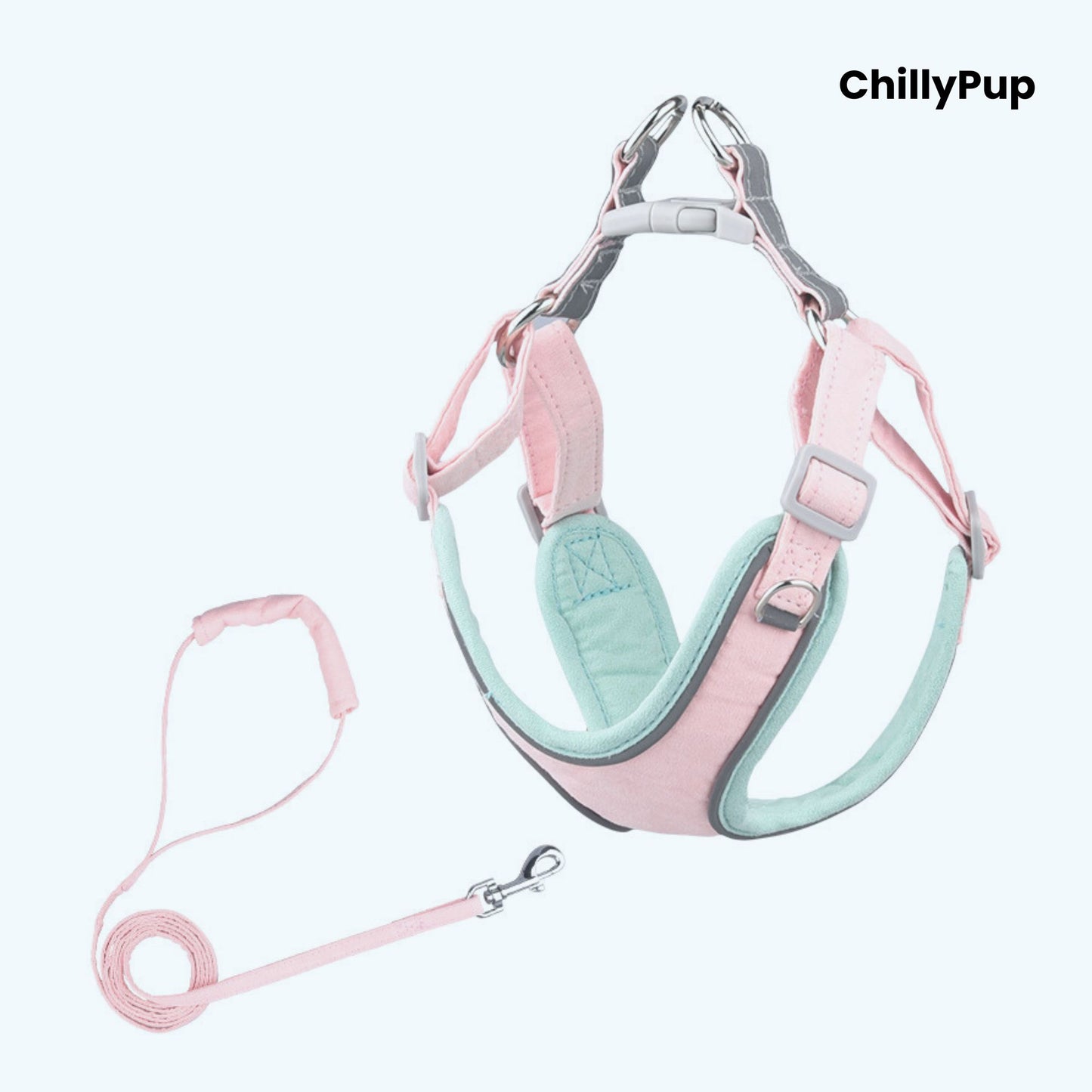 Dog harness with Lead on a white background, branded 'ChillyPup'