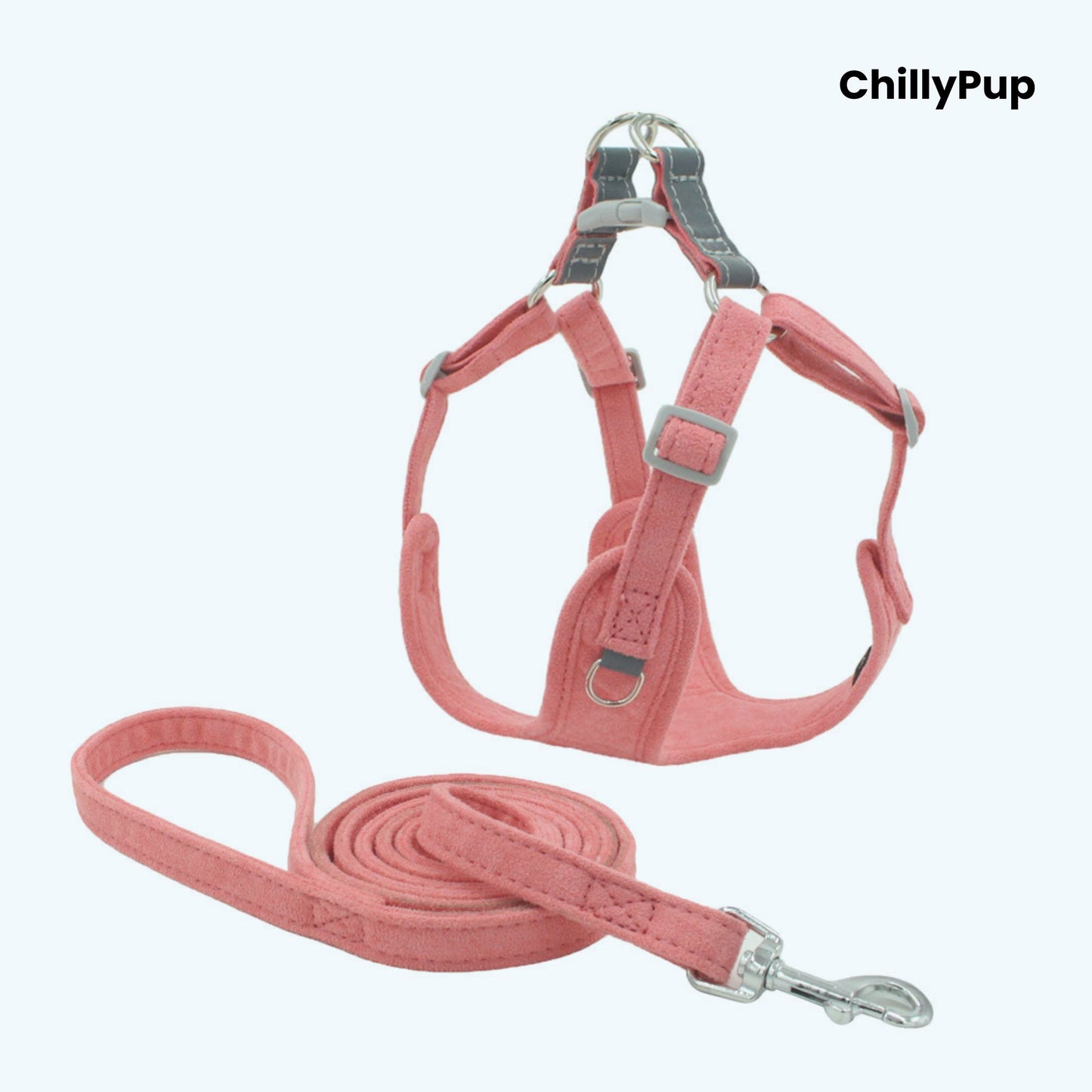 Dog harness with Lead on a white background, branded 'ChillyPup'