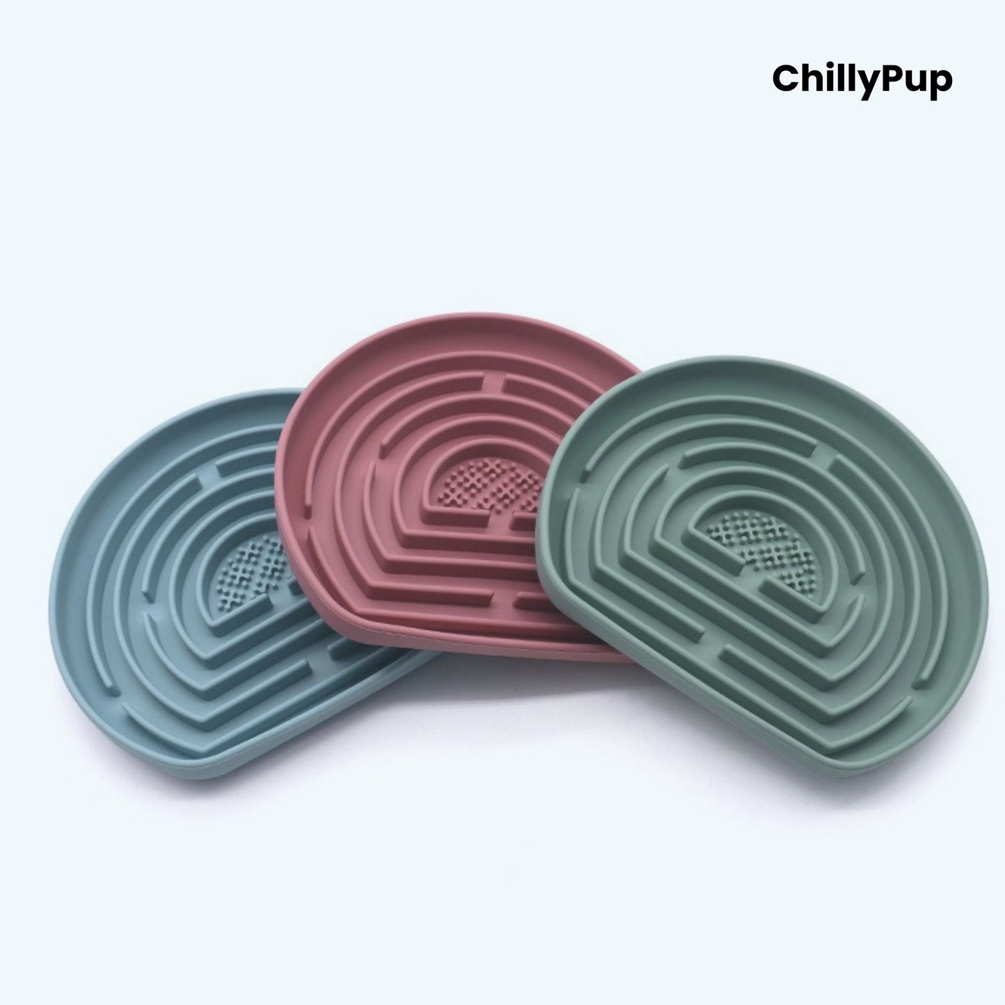 Three pet bowl with maze design on a light purple background, branded 'ChillyPup'.