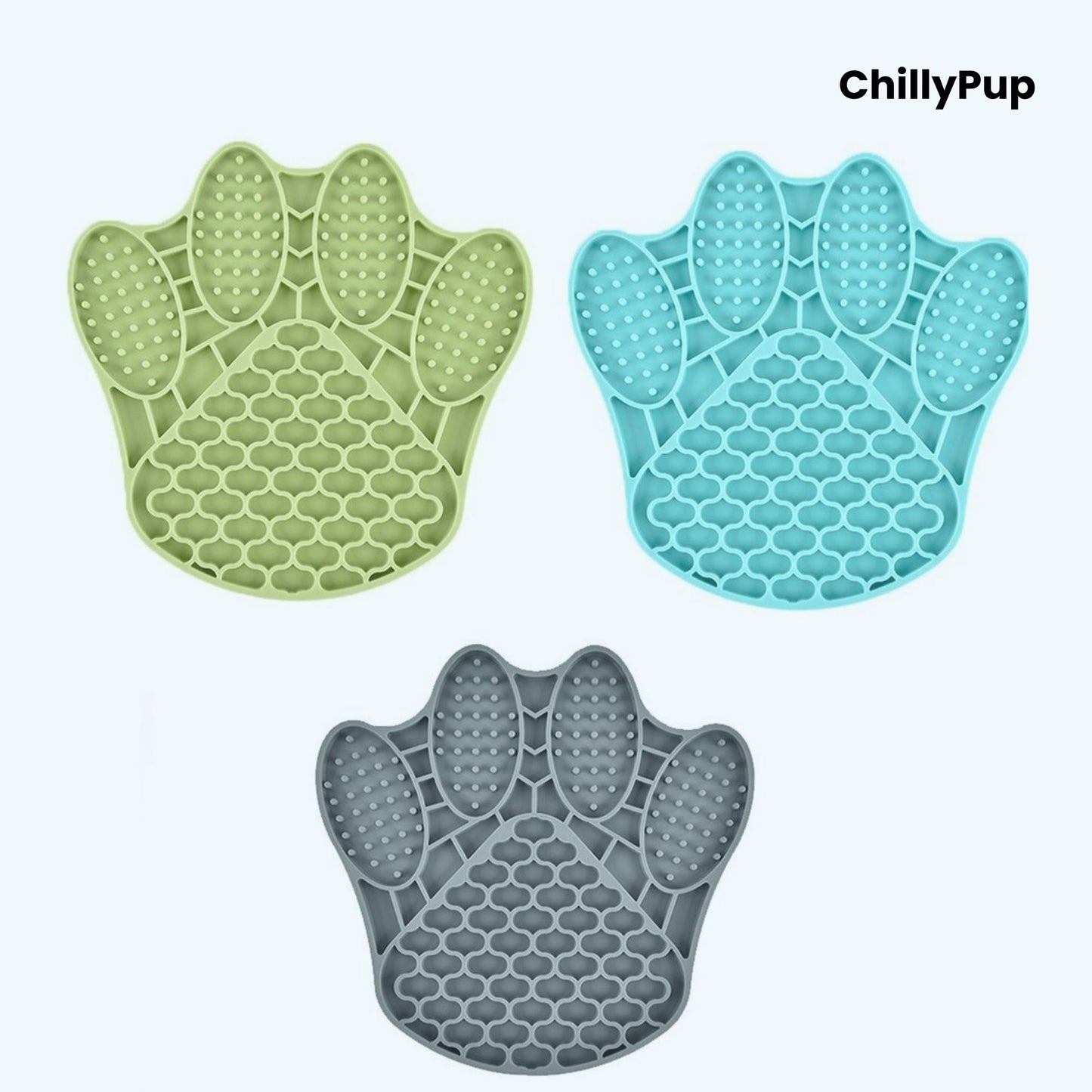 Threepaw-shaped silicone mat with textured surface on a light blue background, branded 'ChillyPup'.