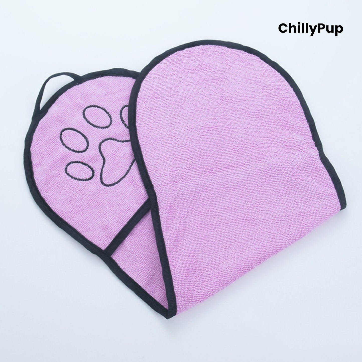 Blue pet grooming mitt with paw print design on a light grey background, branded 'ChillyPup'.