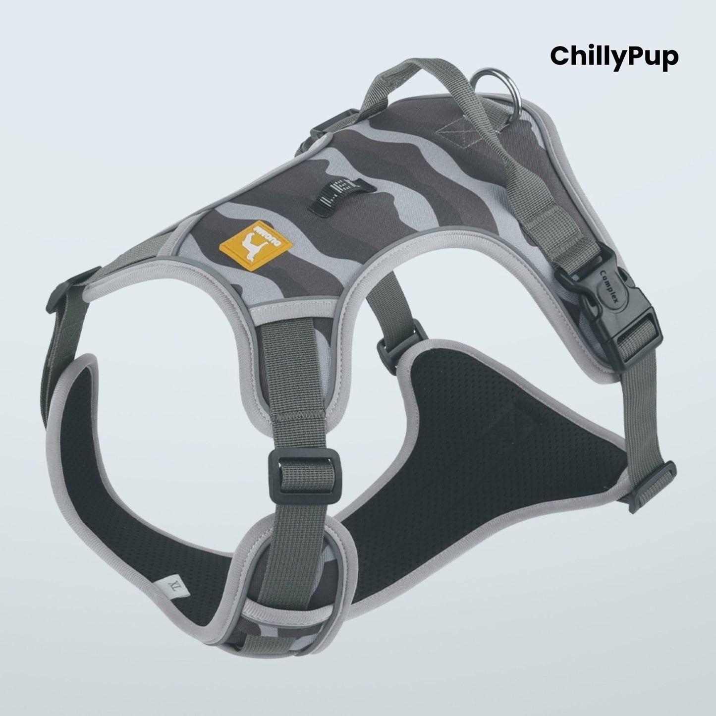 Dog harness with 'ChillyPup' branding on a light grey background