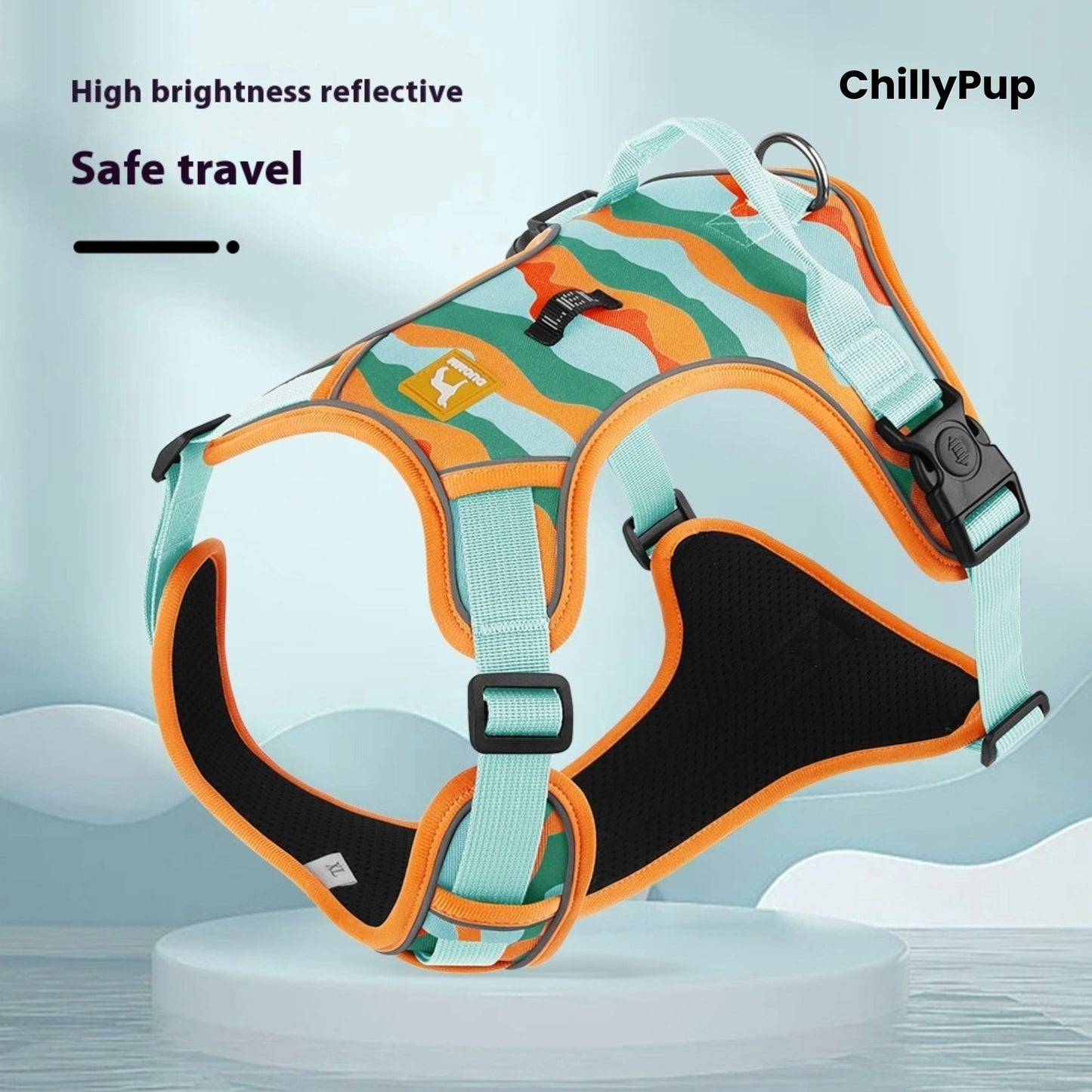 Dog harness with reflective and safety features on a light blue background, branded 'ChillyPup'.