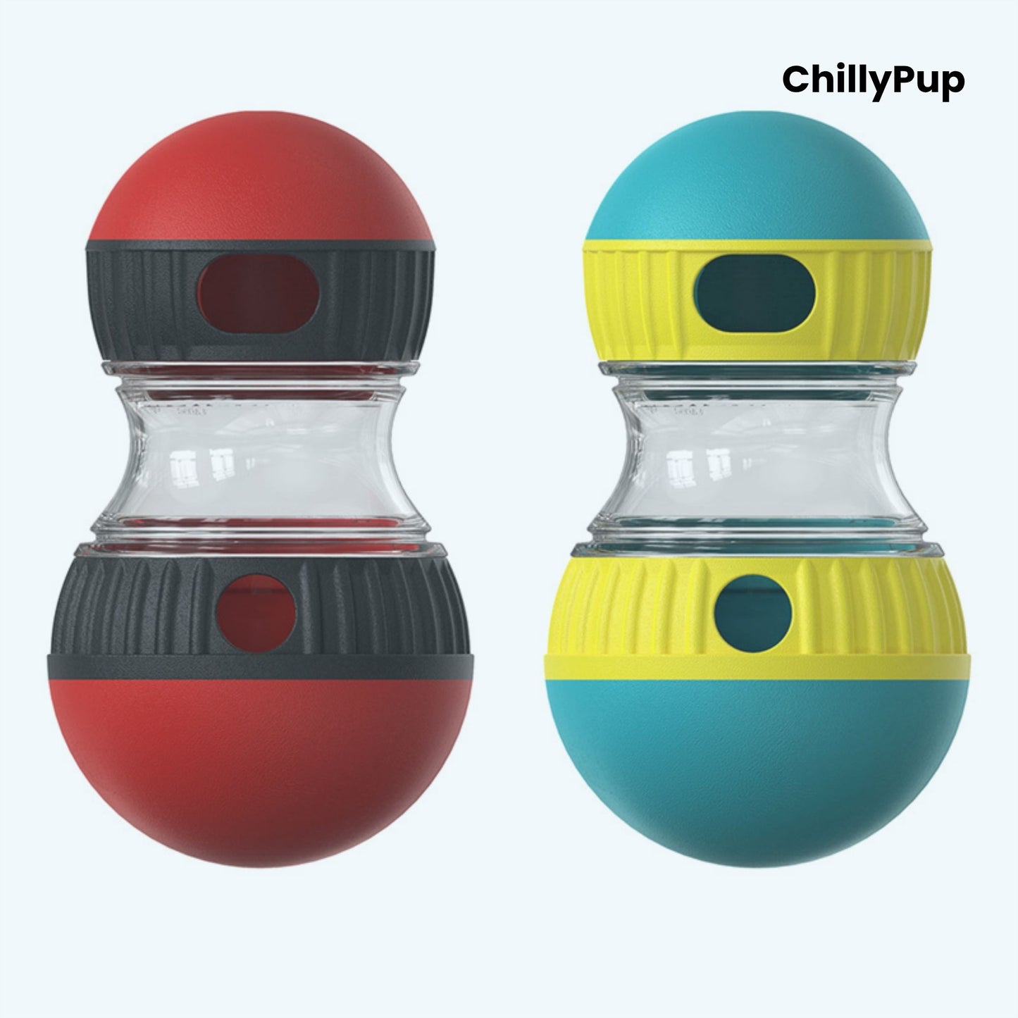 Two colourful dog toys with 'ChillyPup' branding on a white background