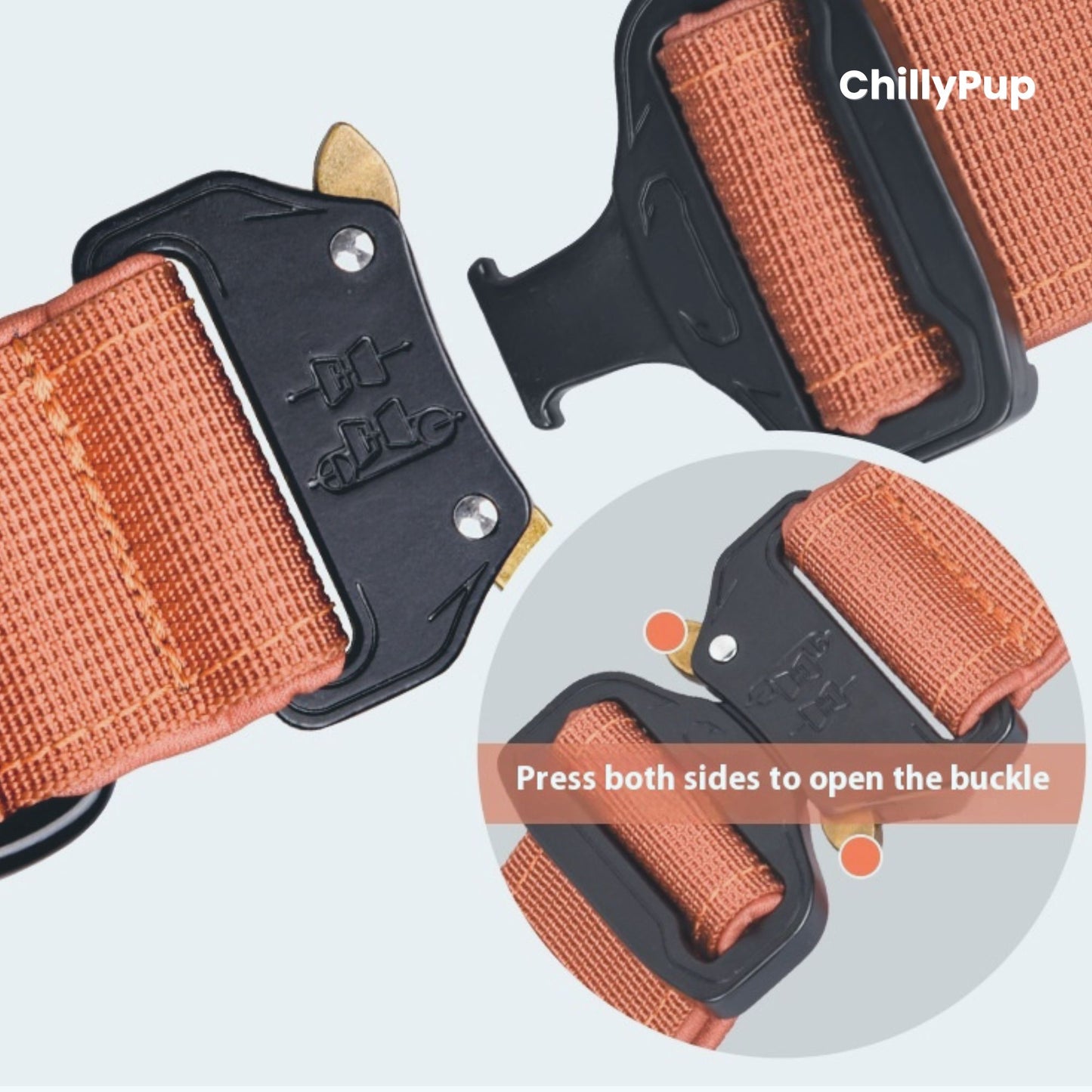 Close-up of a dog collar with a buckle labelled 'ChillyPup' on a light grey background.