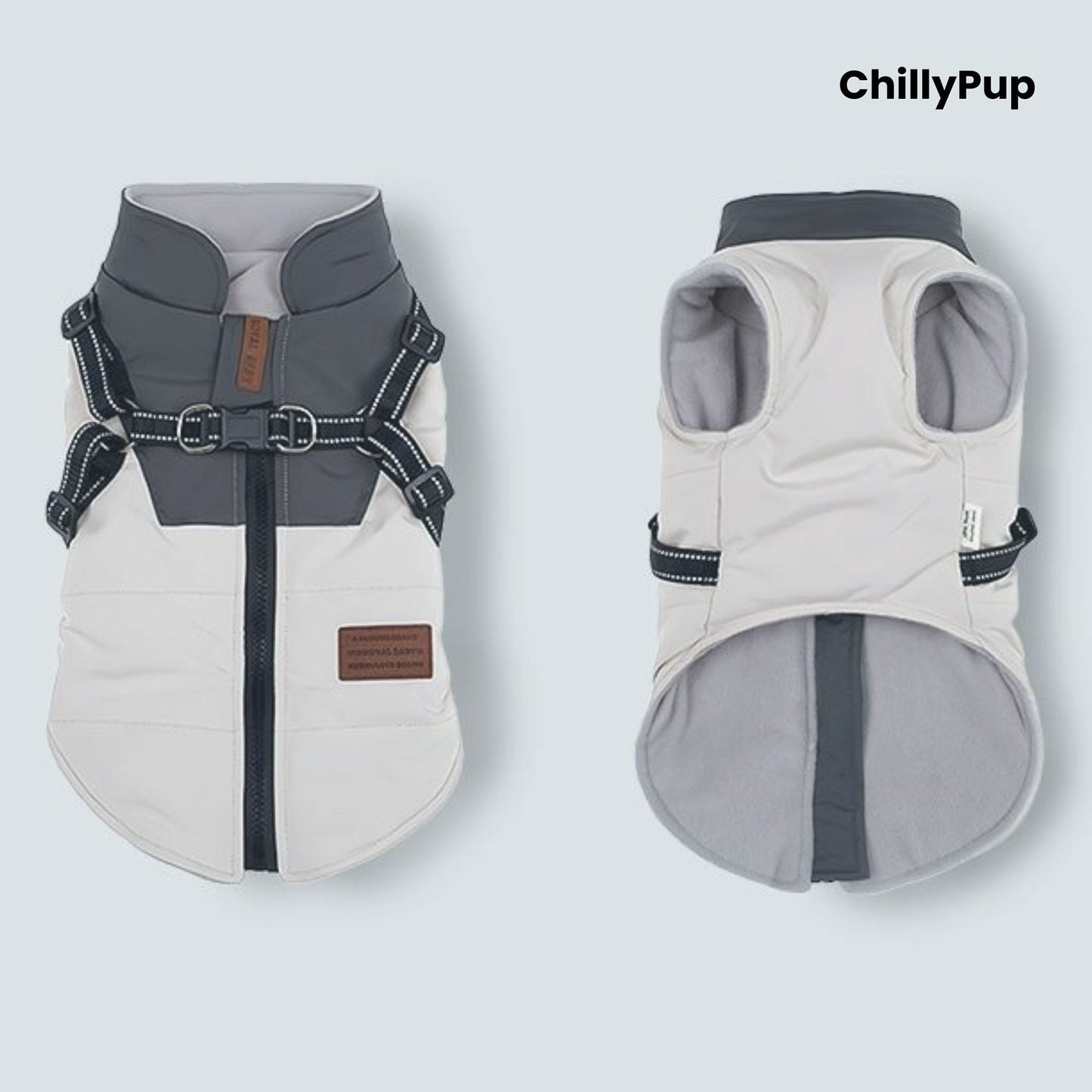 Two dog vests with harnesses on a light grey background, branded 'ChillyPup'.