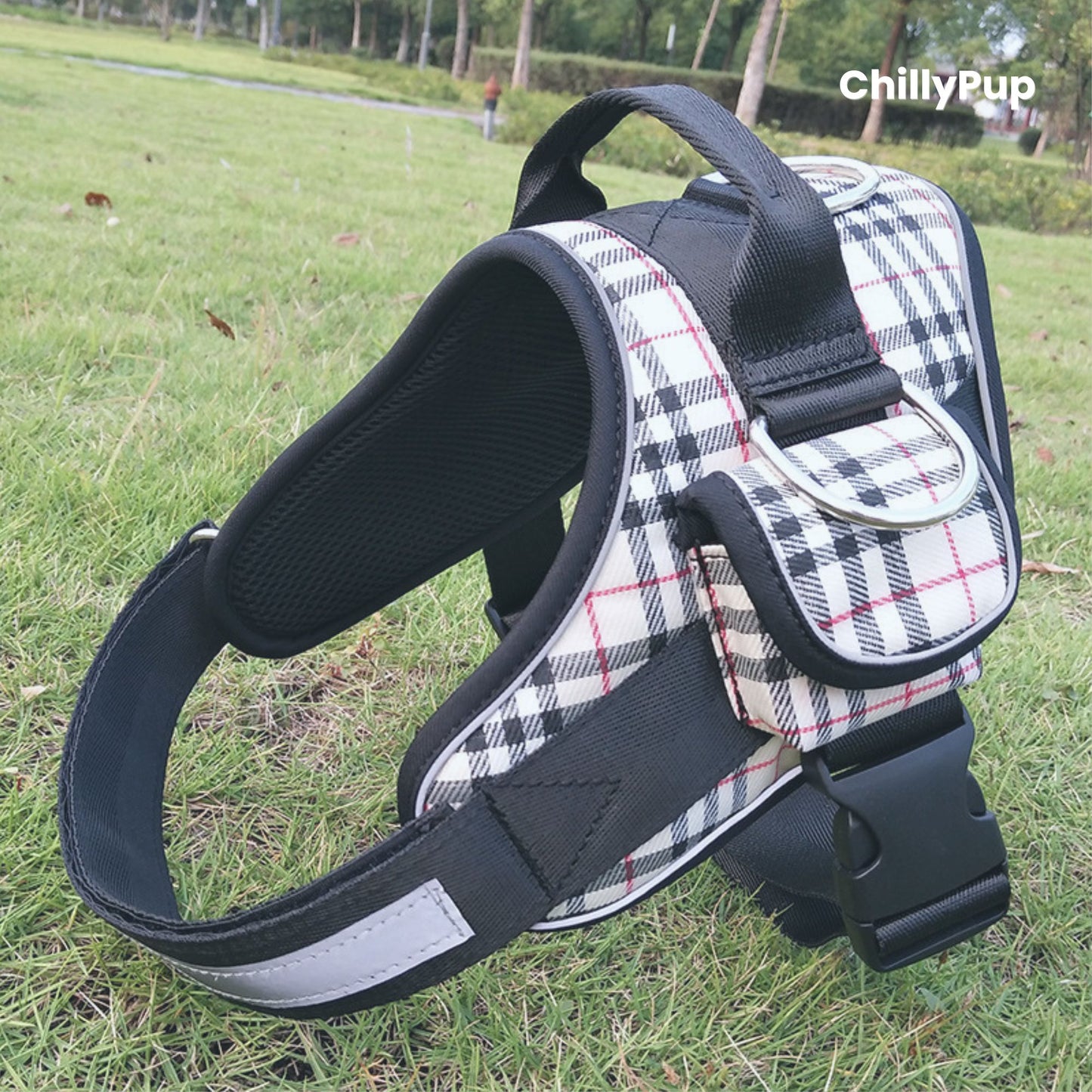 Tartan patterned dog harness on grass with 'ChillyPup' branding