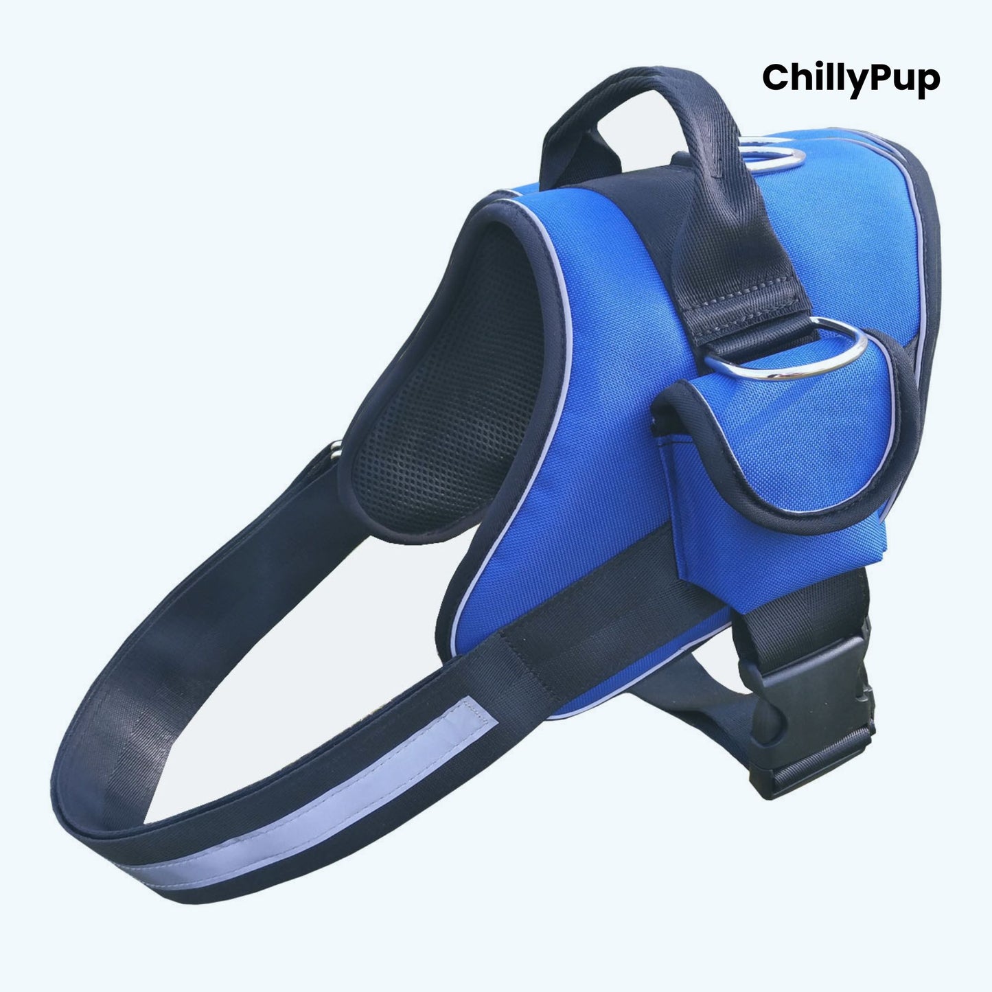 Blue dog harness with black straps on a white background, branded 'ChillyPup'.