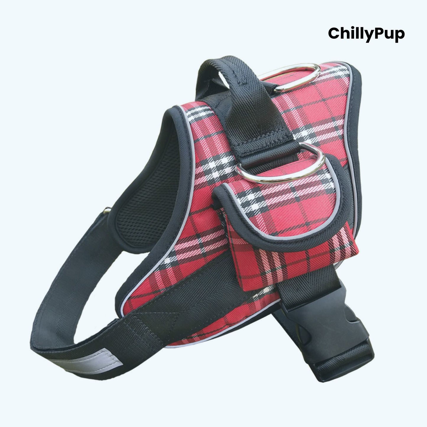 Red tartan dog harness with black straps on a white background, branded 'ChillyPup'.